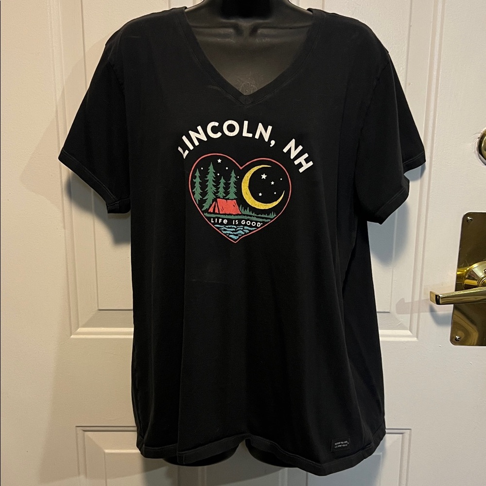 LIFE IS GOOD 🏕️ LINCOLN NEW HAMPSHIRE BLACK 100% COTTON CAMPING TSHIRT Women XL